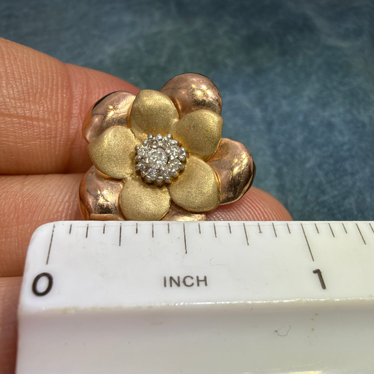 10k Yellow + Rose Gold 3D Flower Earrings w Diamonds. 3/4" + 6g