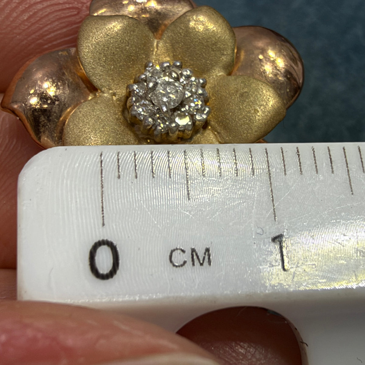 10k Yellow + Rose Gold 3D Flower Earrings w Diamonds. 3/4" + 6g