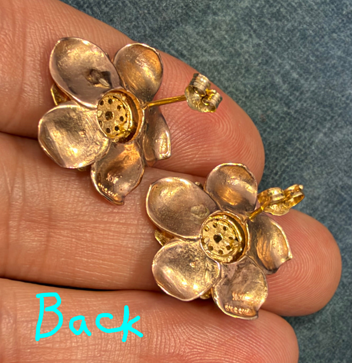 10k Yellow + Rose Gold 3D Flower Earrings w Diamonds. 3/4" + 6g