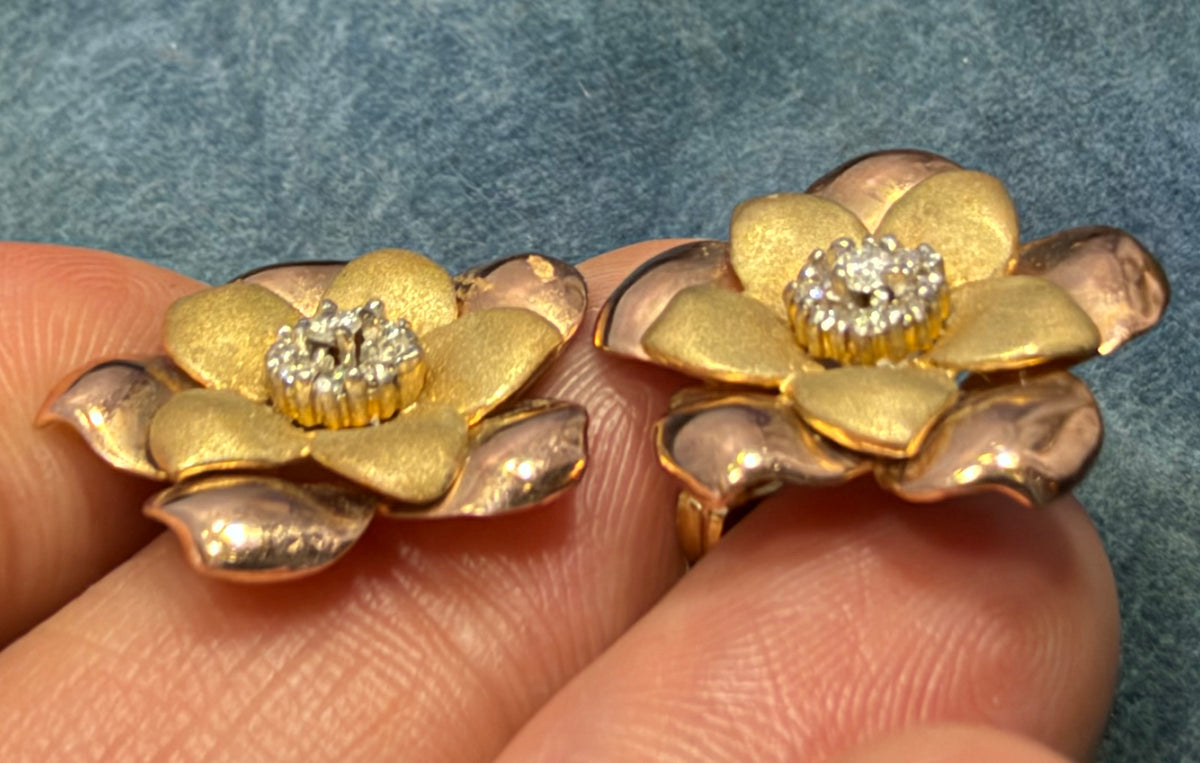 10k Yellow + Rose Gold 3D Flower Earrings w Diamonds. 3/4" + 6g