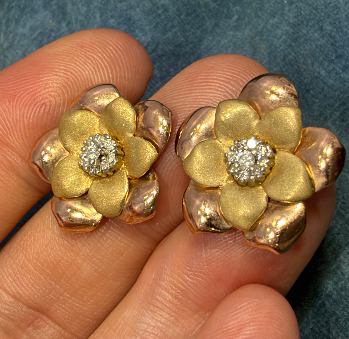 10k Yellow + Rose Gold 3D Flower Earrings w Diamonds. 3/4" + 6g