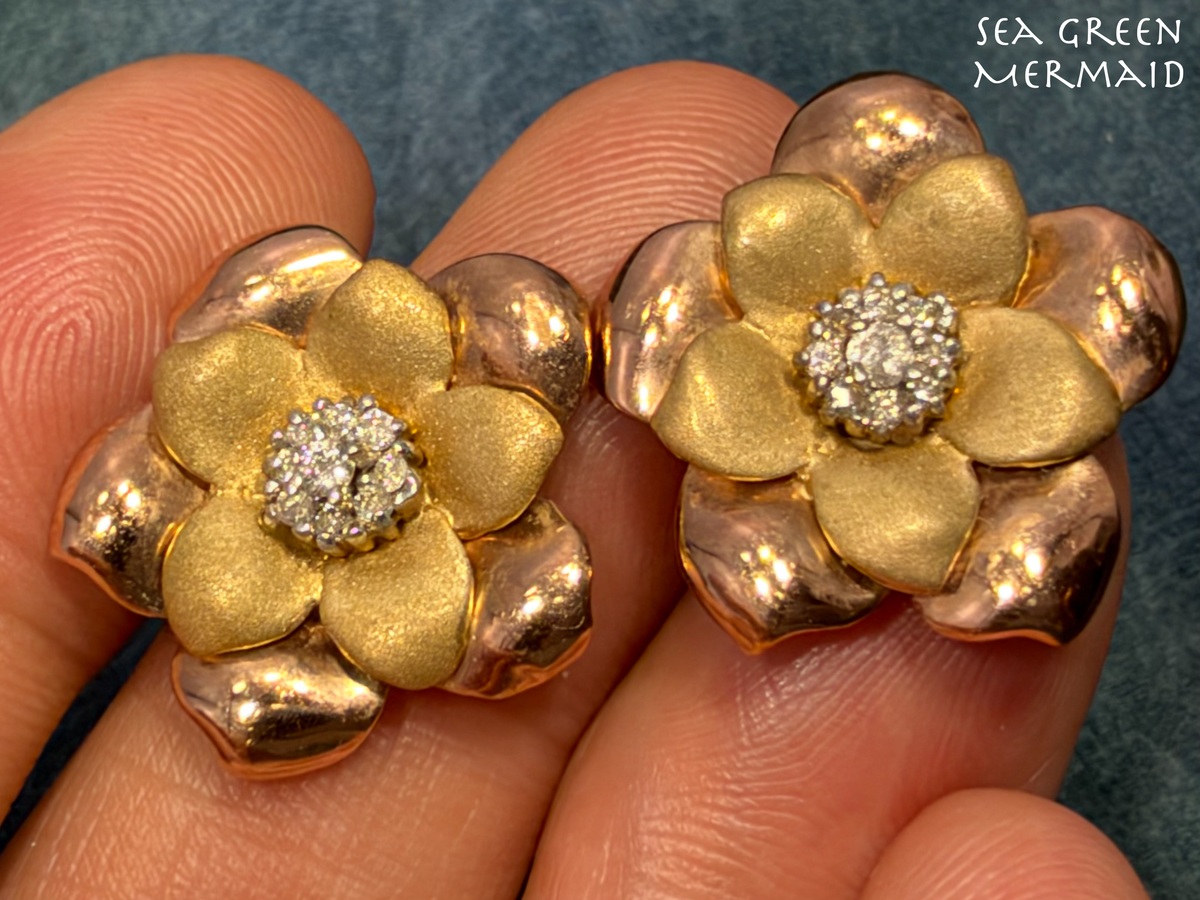 10k Yellow + Rose Gold 3D Flower Earrings w Diamonds. 3/4" + 6g