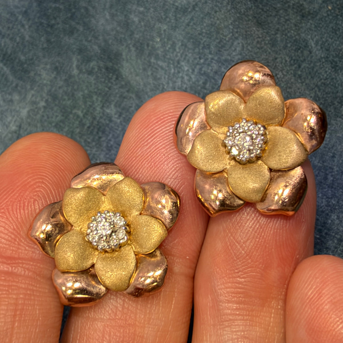 10k Yellow + Rose Gold 3D Flower Earrings w Diamonds. 3/4" + 6g