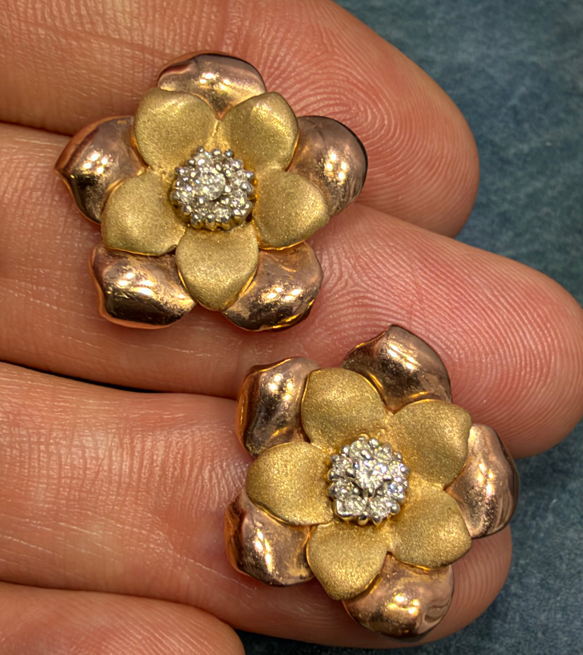 10k Yellow + Rose Gold 3D Flower Earrings w Diamonds. 3/4" + 6g