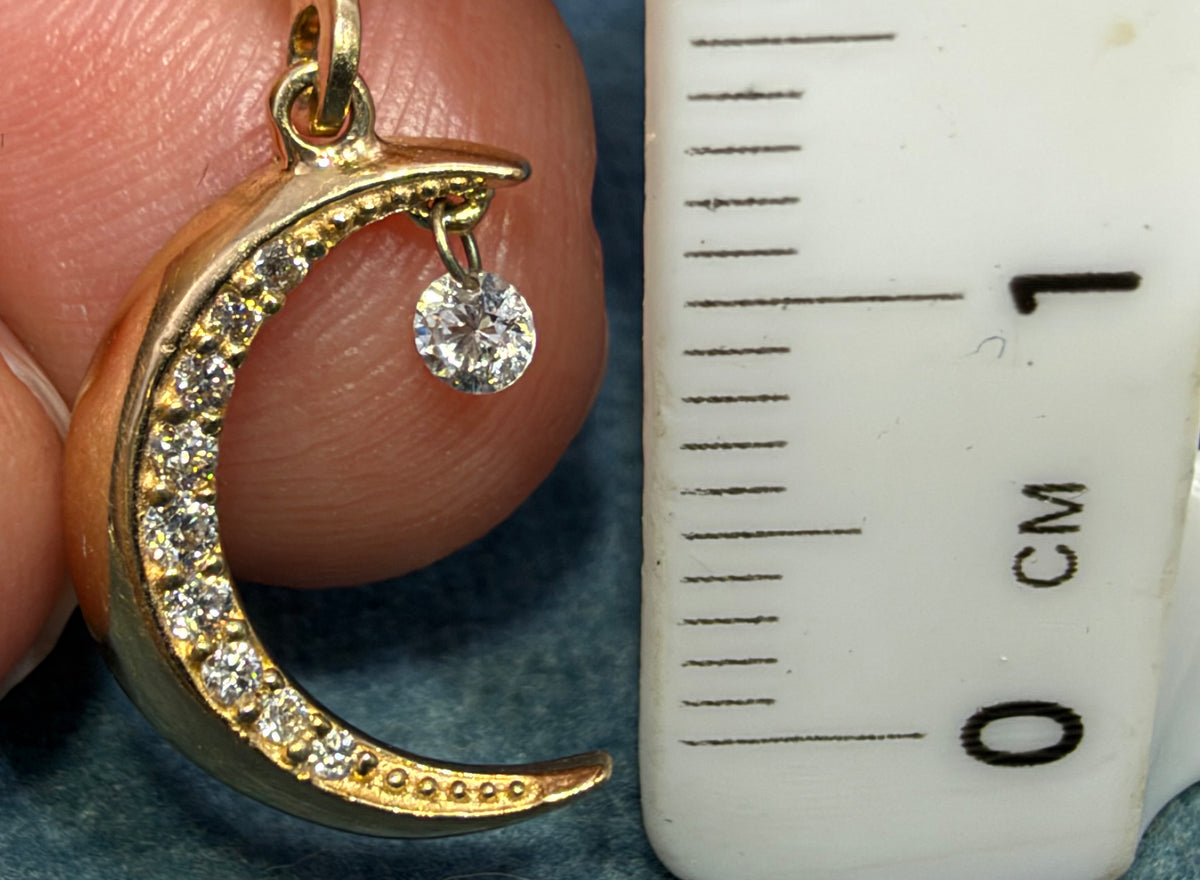 14k Gold Diamond Crescent MOON Pendant w Dangling Diamond. Leverbacks *Video*