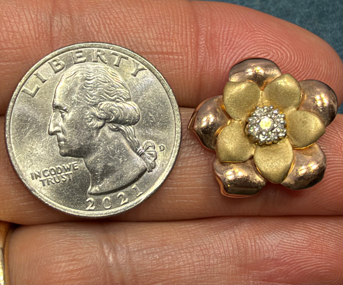 10k Yellow + Rose Gold 3D Flower Earrings w Diamonds. 3/4" + 6g