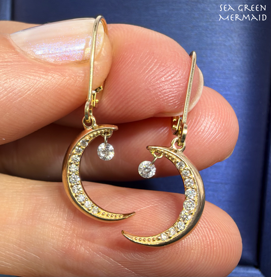 14k Gold Diamond Crescent MOON Pendant w Dangling Diamond. Leverbacks *Video*