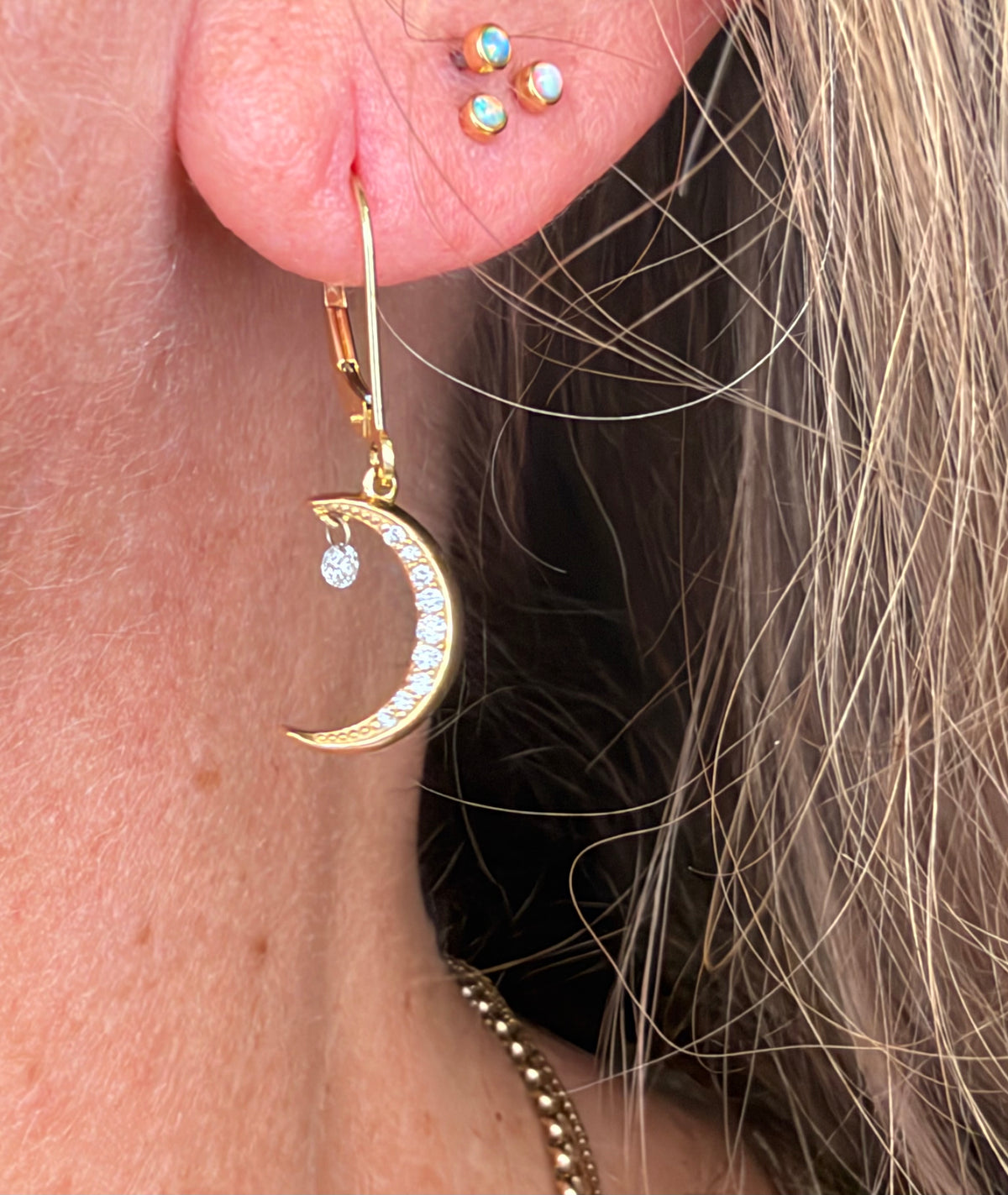 14k Gold Diamond Crescent MOON Pendant w Dangling Diamond. Leverbacks *Video*