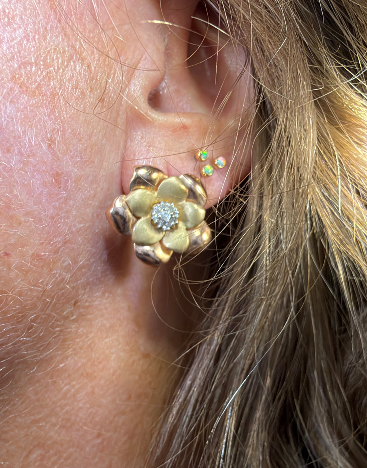 10k Yellow + Rose Gold 3D Flower Earrings w Diamonds. 3/4" + 6g