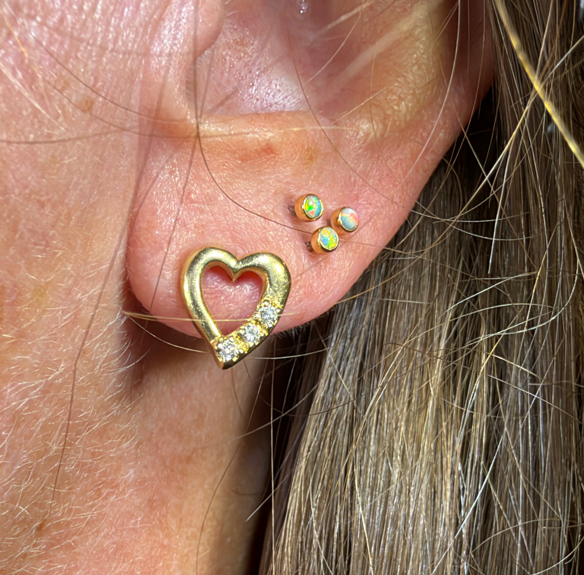 14k Yellow Gold Diamond Open HEART Earrings. Small 11mm