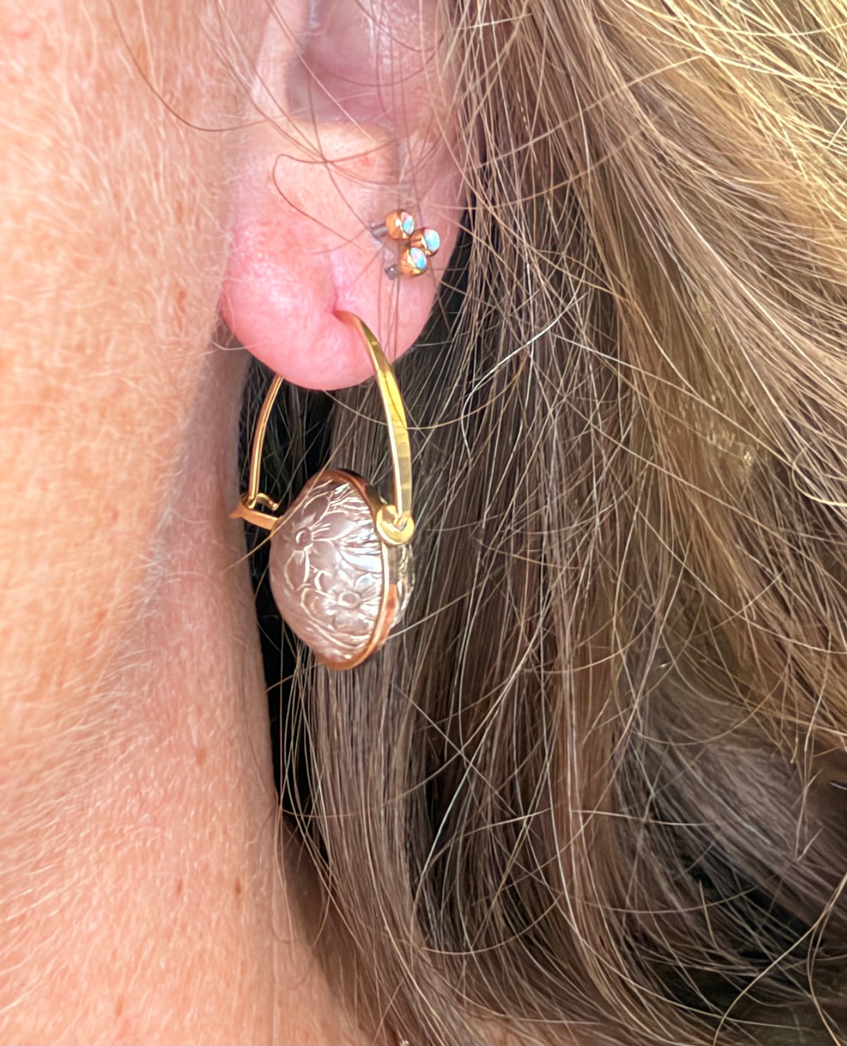 14k Yellow Gold + 925 Floral Engraved Ball Earrings. Designer Ed Levin