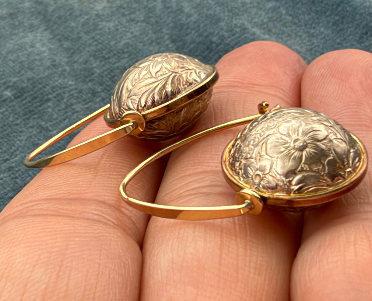 14k Yellow Gold + 925 Floral Engraved Ball Earrings. Designer Ed Levin