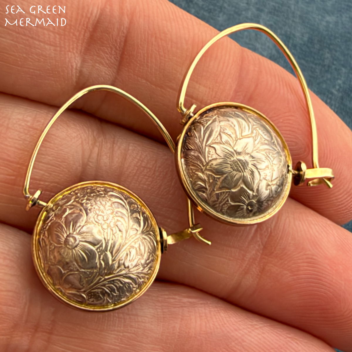 14k Yellow Gold + 925 Floral Engraved Ball Earrings. Designer Ed Levin