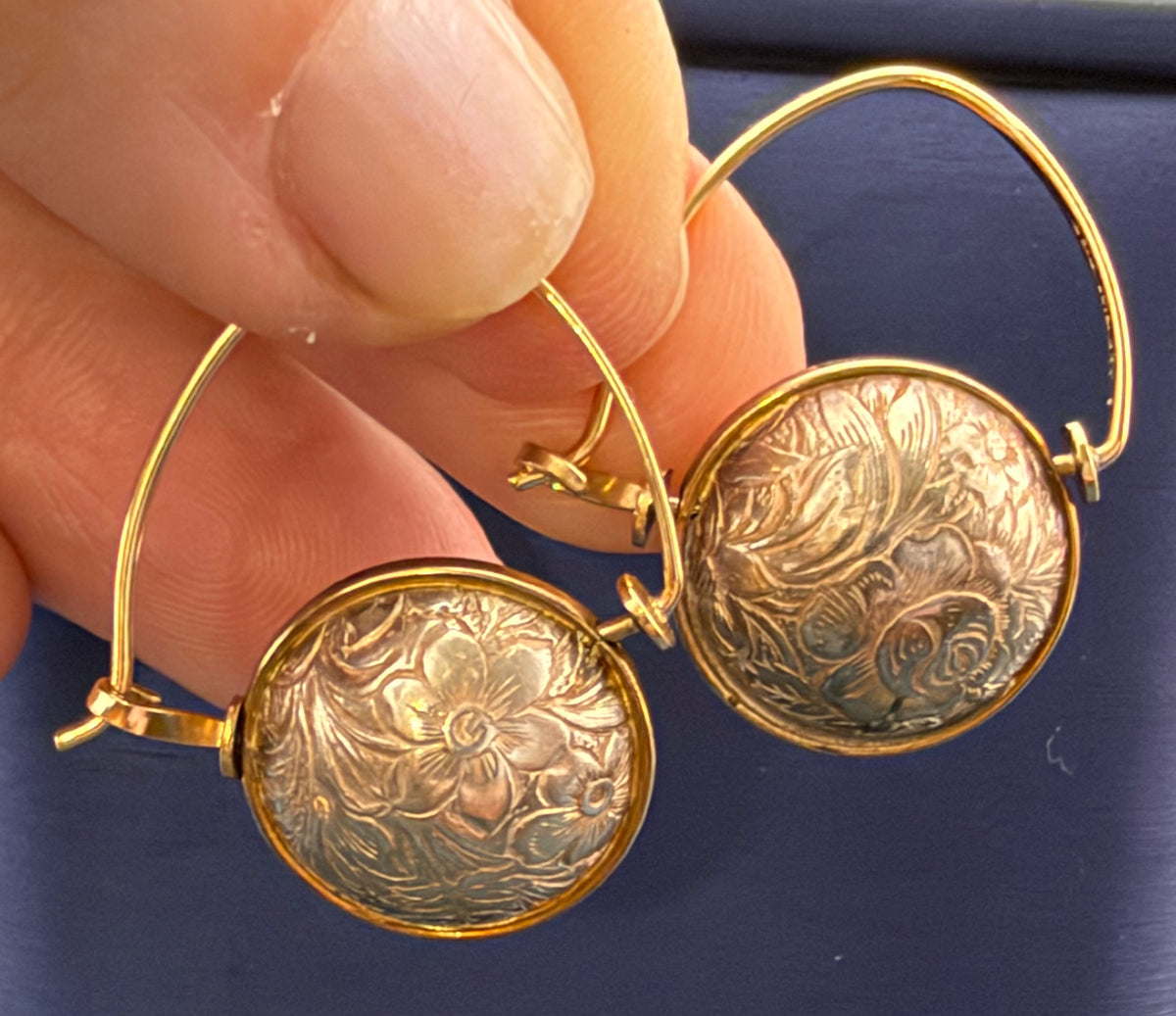 14k Yellow Gold + 925 Floral Engraved Ball Earrings. Designer Ed Levin