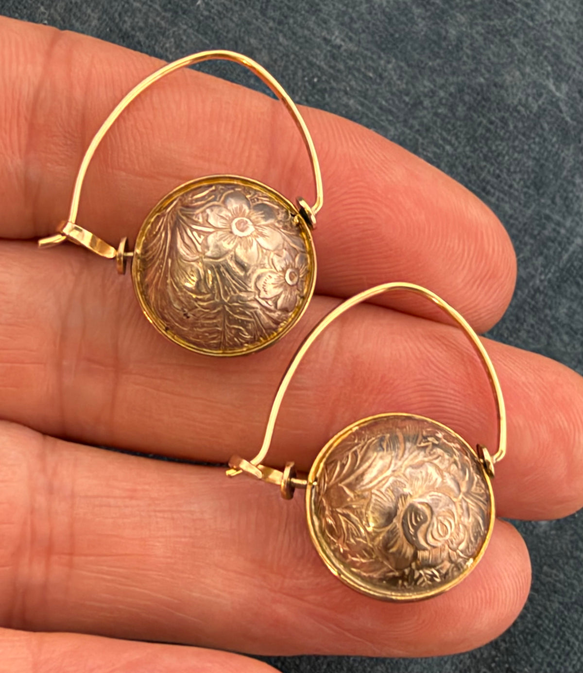 14k Yellow Gold + 925 Floral Engraved Ball Earrings. Designer Ed Levin