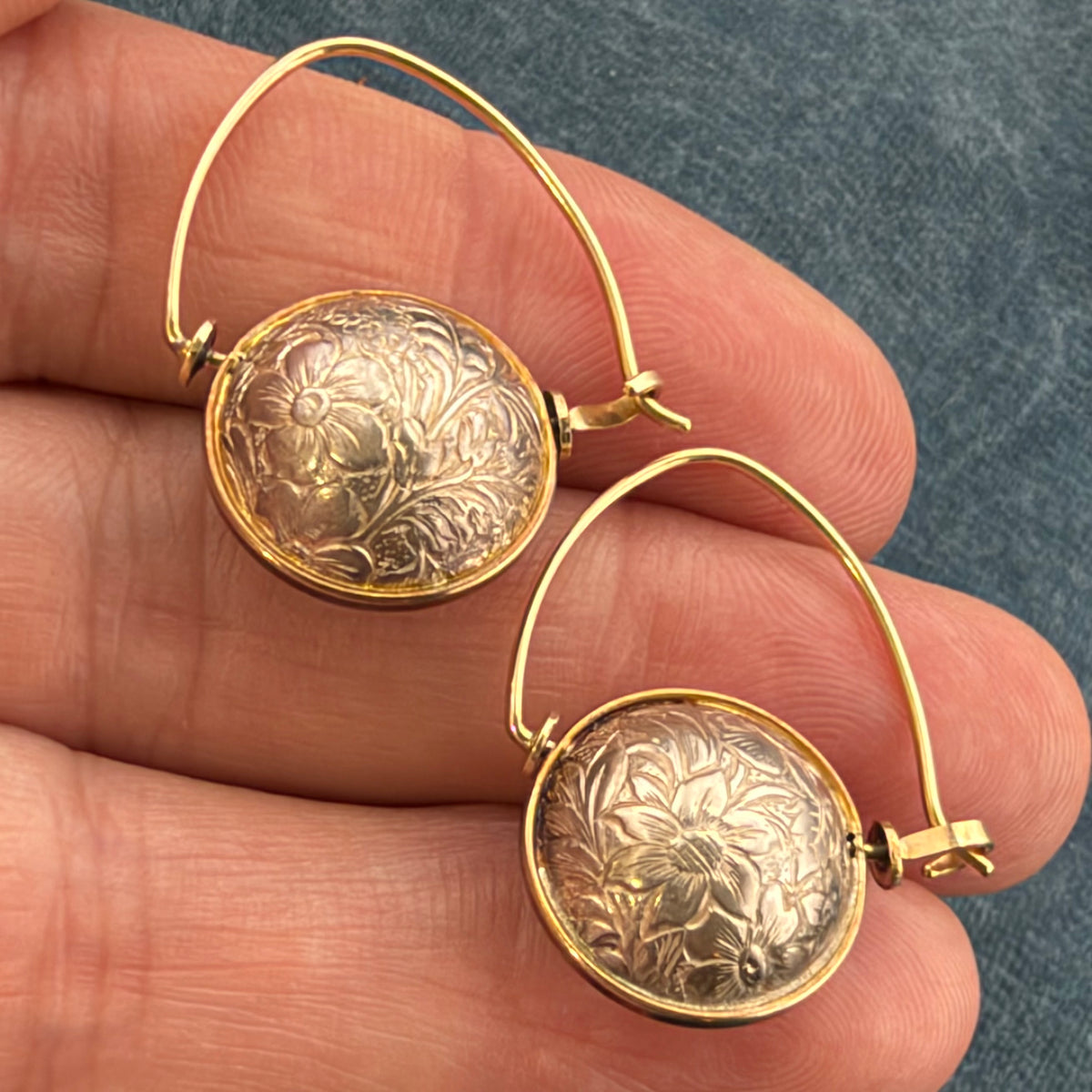 14k Yellow Gold + 925 Floral Engraved Ball Earrings. Designer Ed Levin