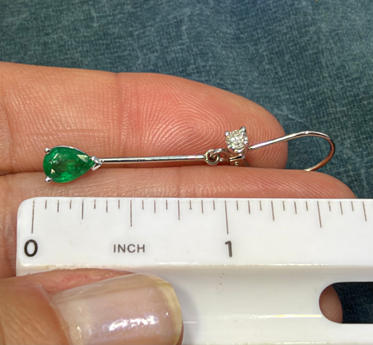 14k White Gold Dangle Earrings w Teardrop Emeralds + Diamonds. Leverback