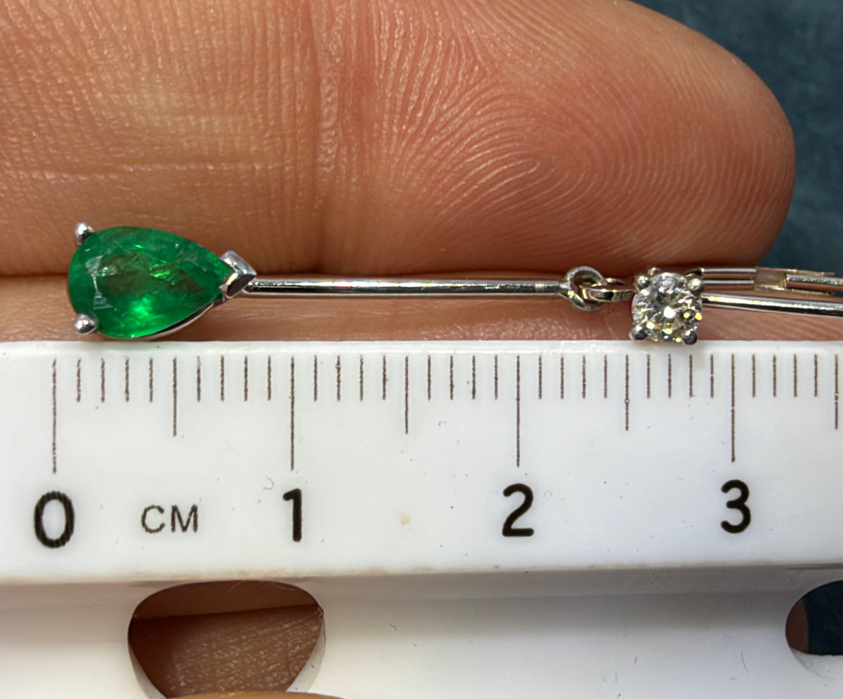 14k White Gold Dangle Earrings w Teardrop Emeralds + Diamonds. Leverback