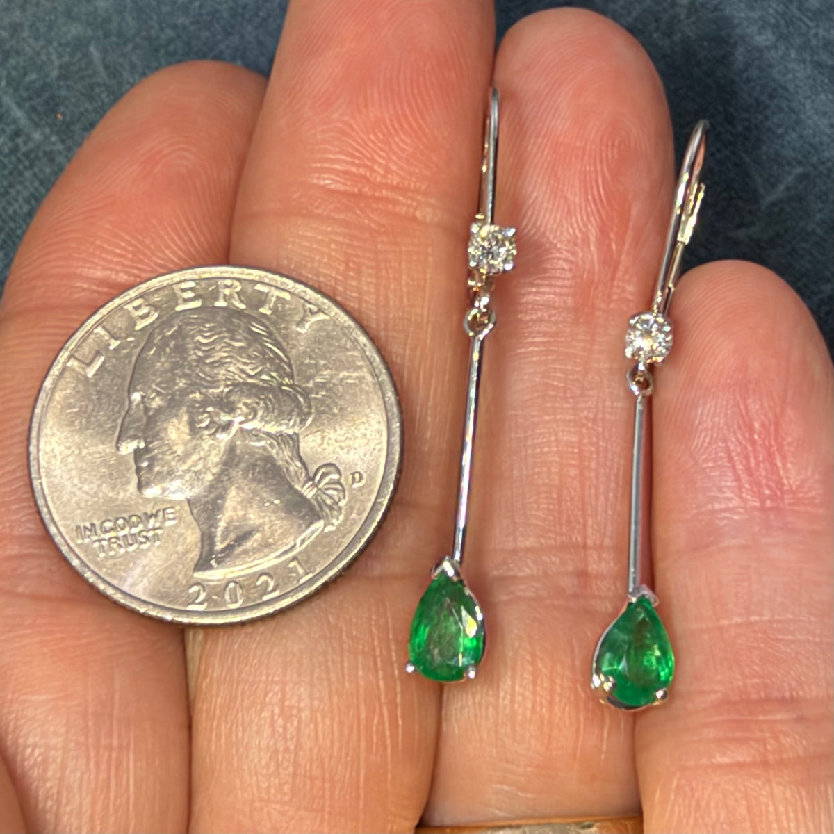 14k White Gold Dangle Earrings w Teardrop Emeralds + Diamonds. Leverback