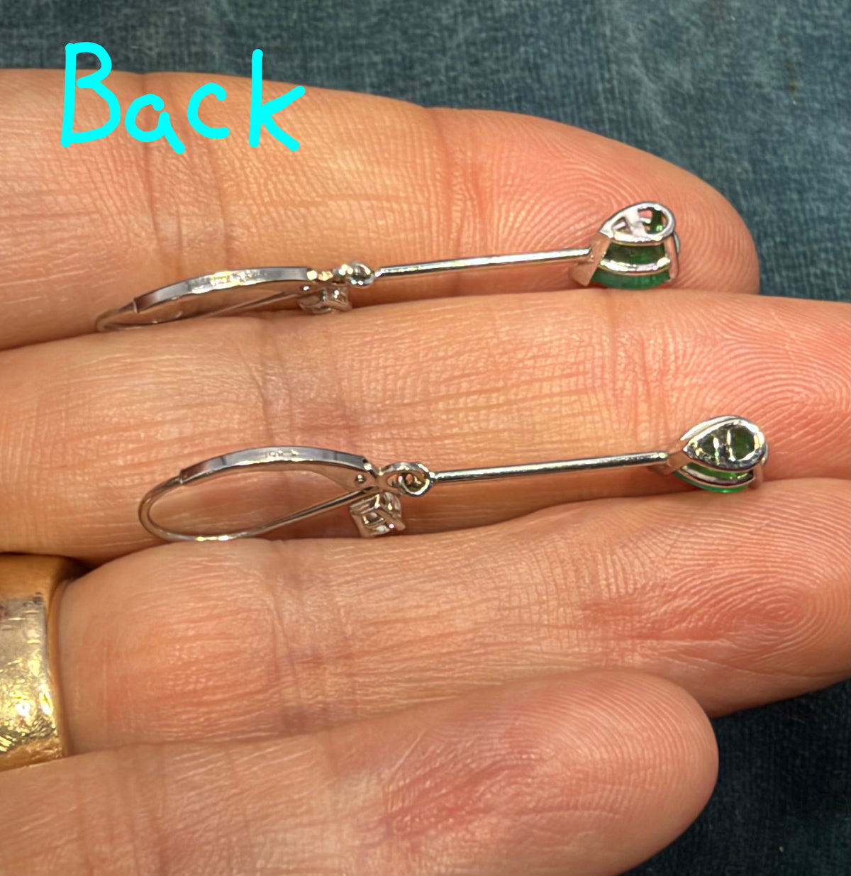 14k White Gold Dangle Earrings w Teardrop Emeralds + Diamonds. Leverback