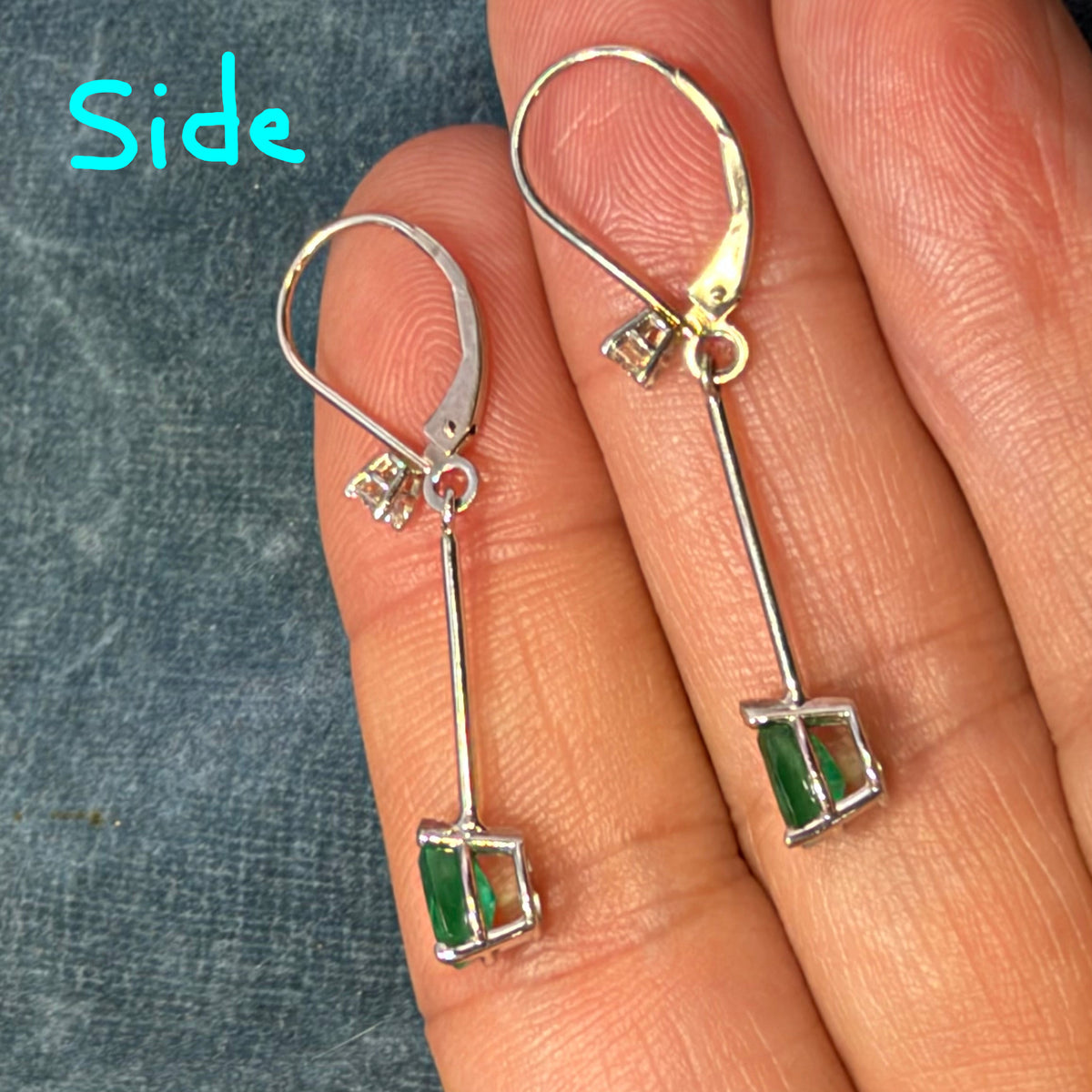 14k White Gold Dangle Earrings w Teardrop Emeralds + Diamonds. Leverback
