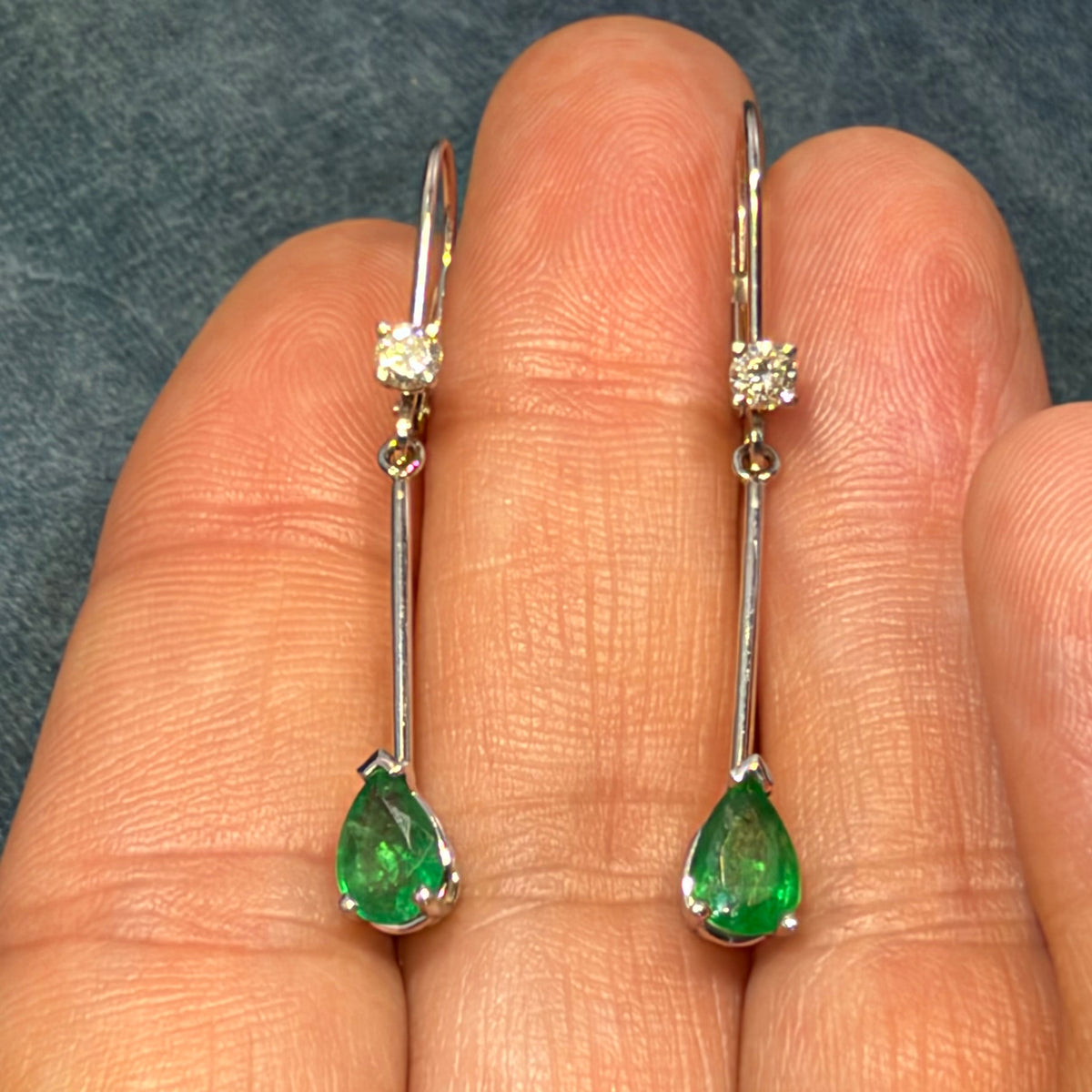 14k White Gold Dangle Earrings w Teardrop Emeralds + Diamonds. Leverback