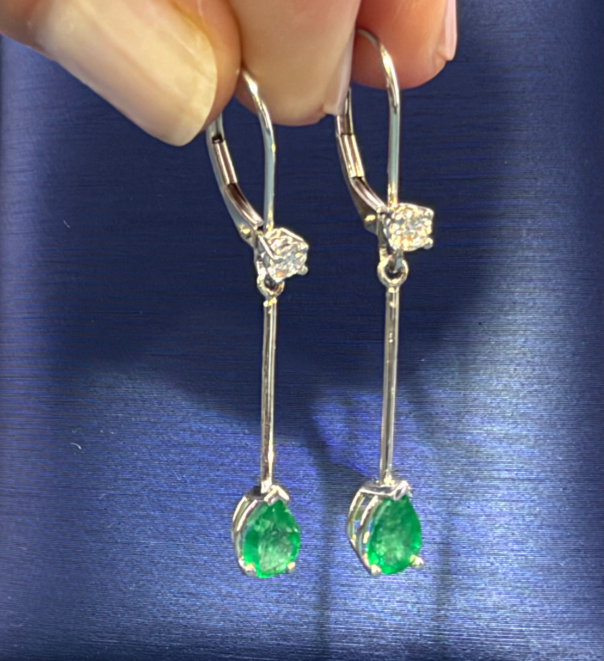 14k White Gold Dangle Earrings w Teardrop Emeralds + Diamonds. Leverback
