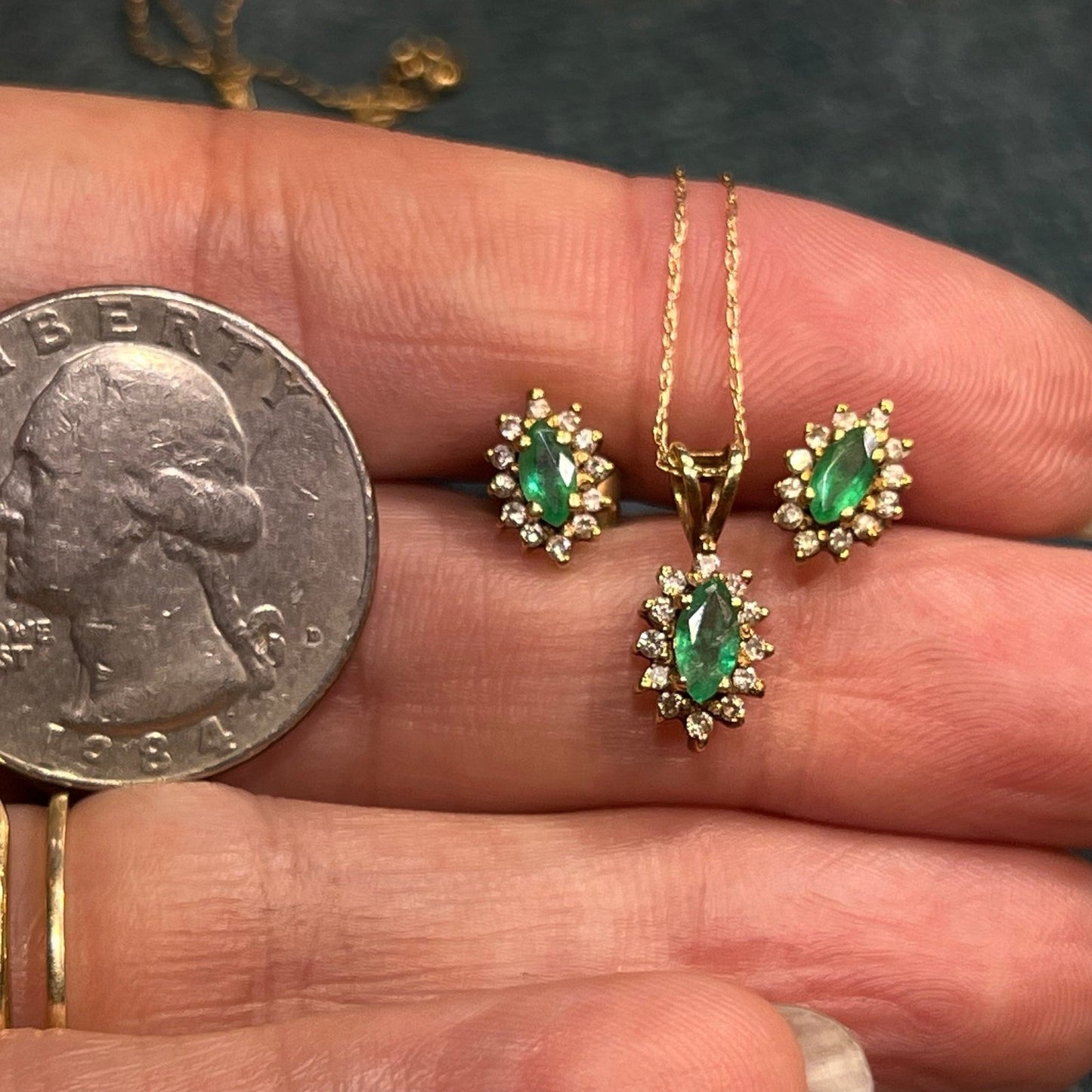 14k Gold Emerald & Diamond Pendant + Earrings SET Lot *Video*