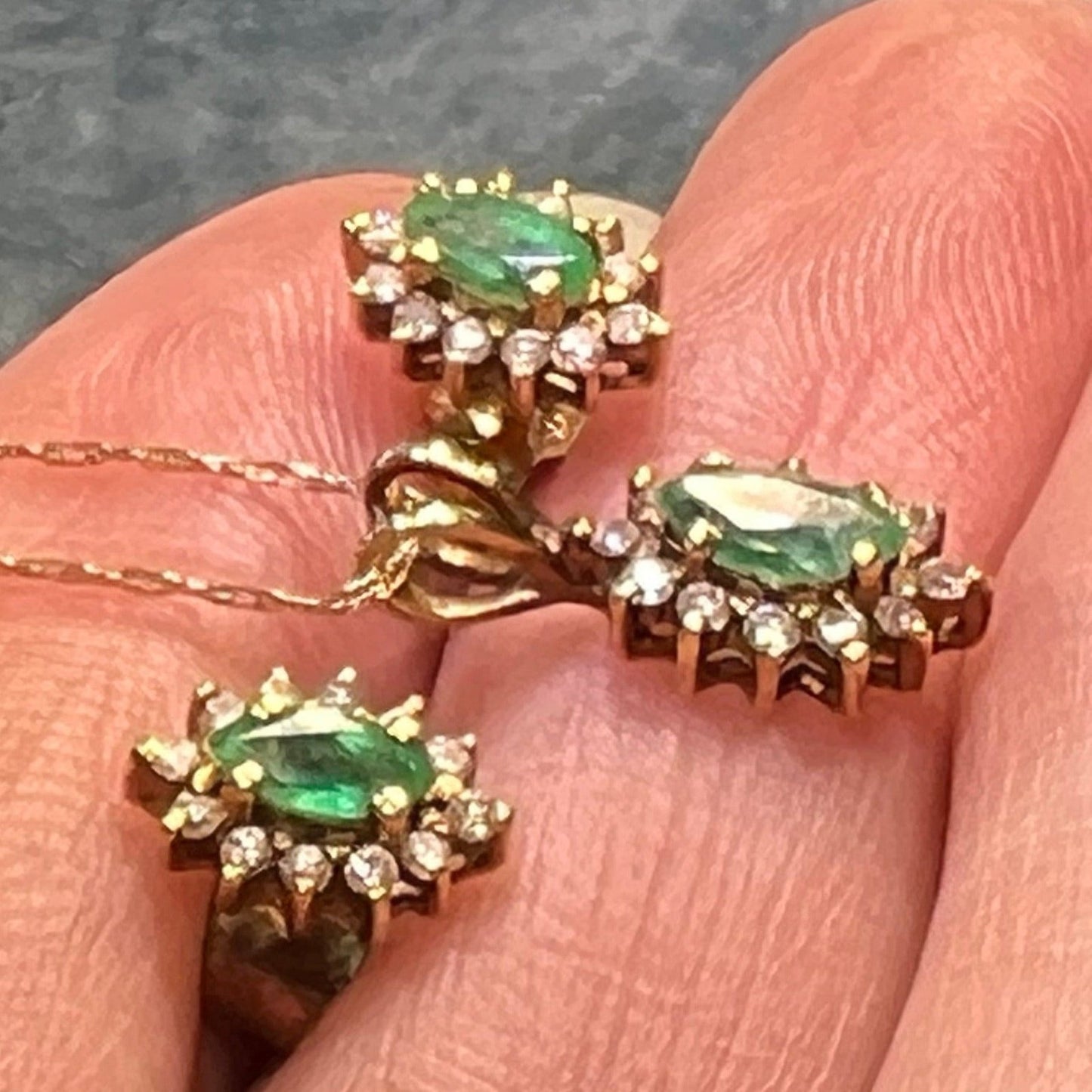 14k Gold Emerald & Diamond Pendant + Earrings SET Lot *Video*