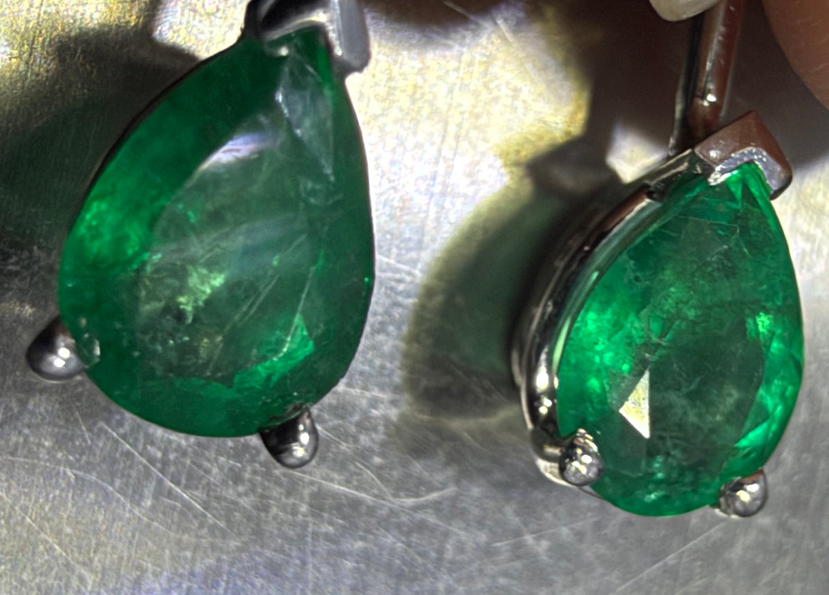 14k White Gold Dangle Earrings w Teardrop Emeralds + Diamonds. Leverback