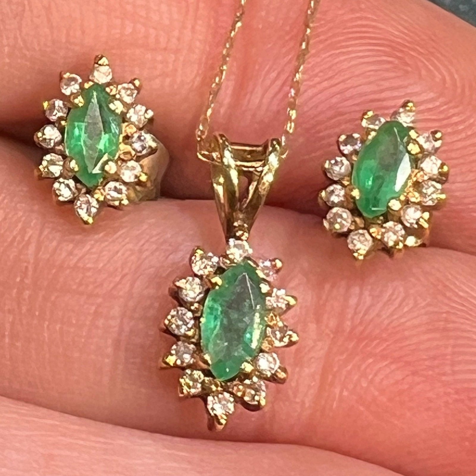 14k Gold Emerald & Diamond Pendant + Earrings SET Lot *Video*