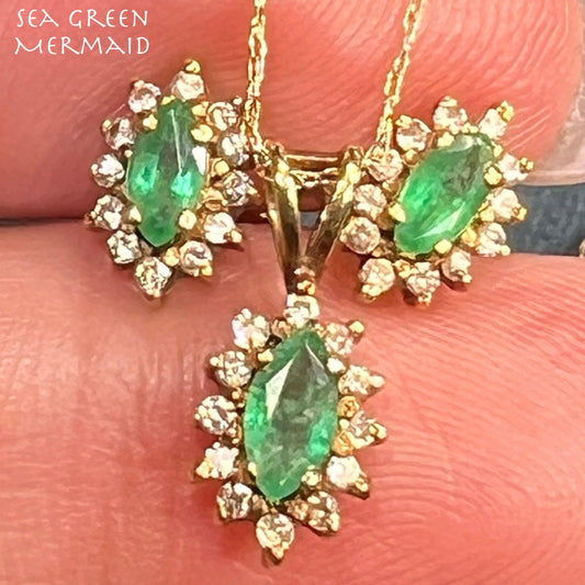 14k Gold Emerald & Diamond Pendant + Earrings SET Lot *Video*