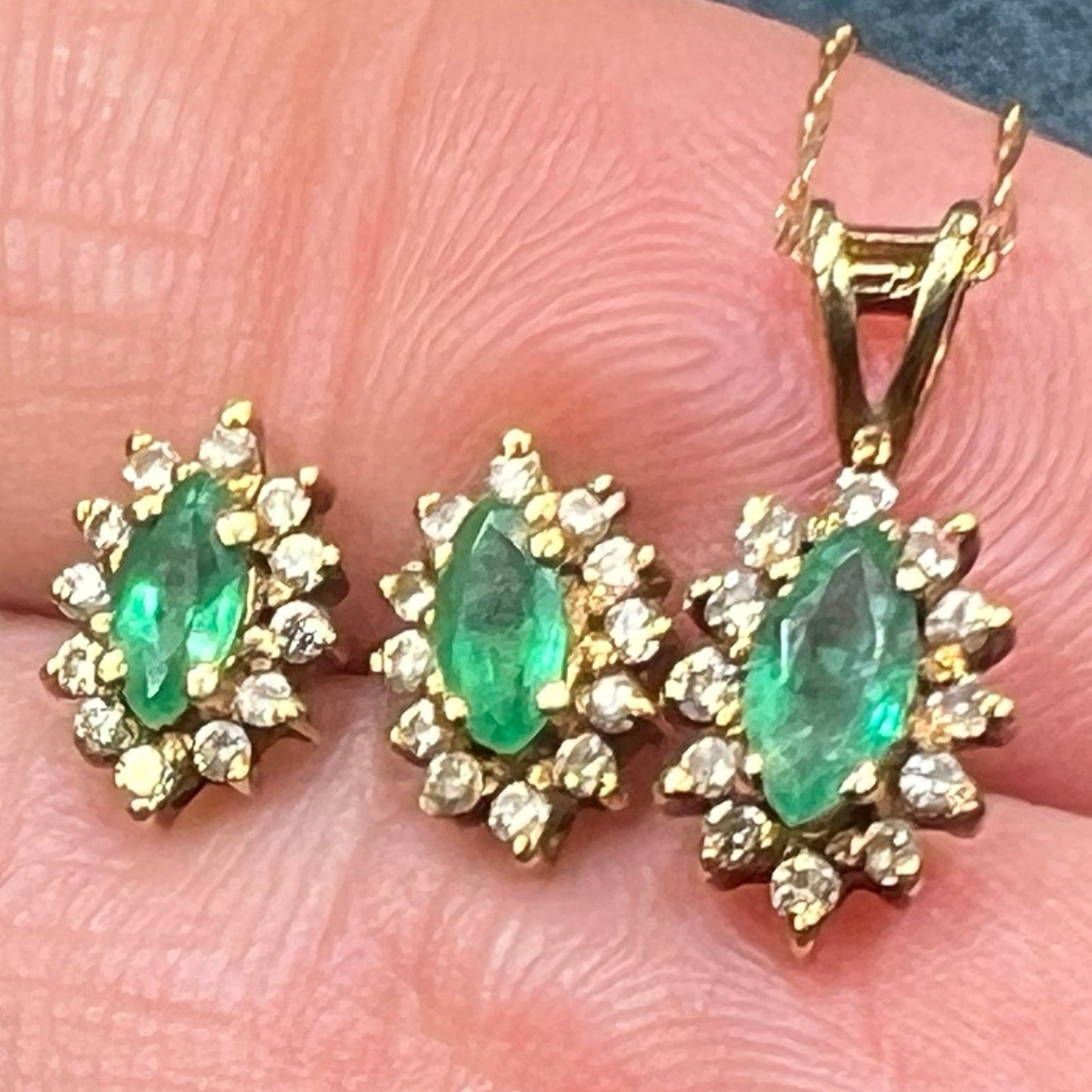 14k Gold Emerald & Diamond Pendant + Earrings SET Lot *Video*