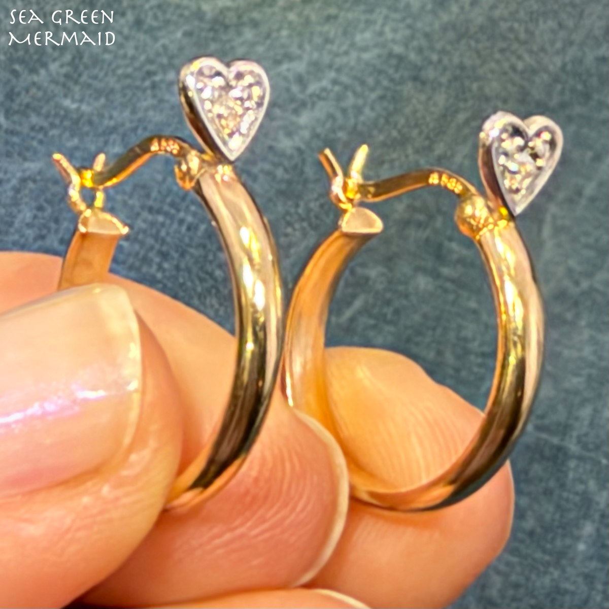 14k Yellow Gold Hoop Earrings w White Gold TINY Diamond Hearts. 3/4"