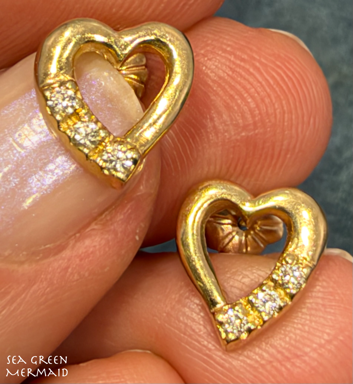 14k Yellow Gold Diamond Open HEART Earrings. Small 11mm