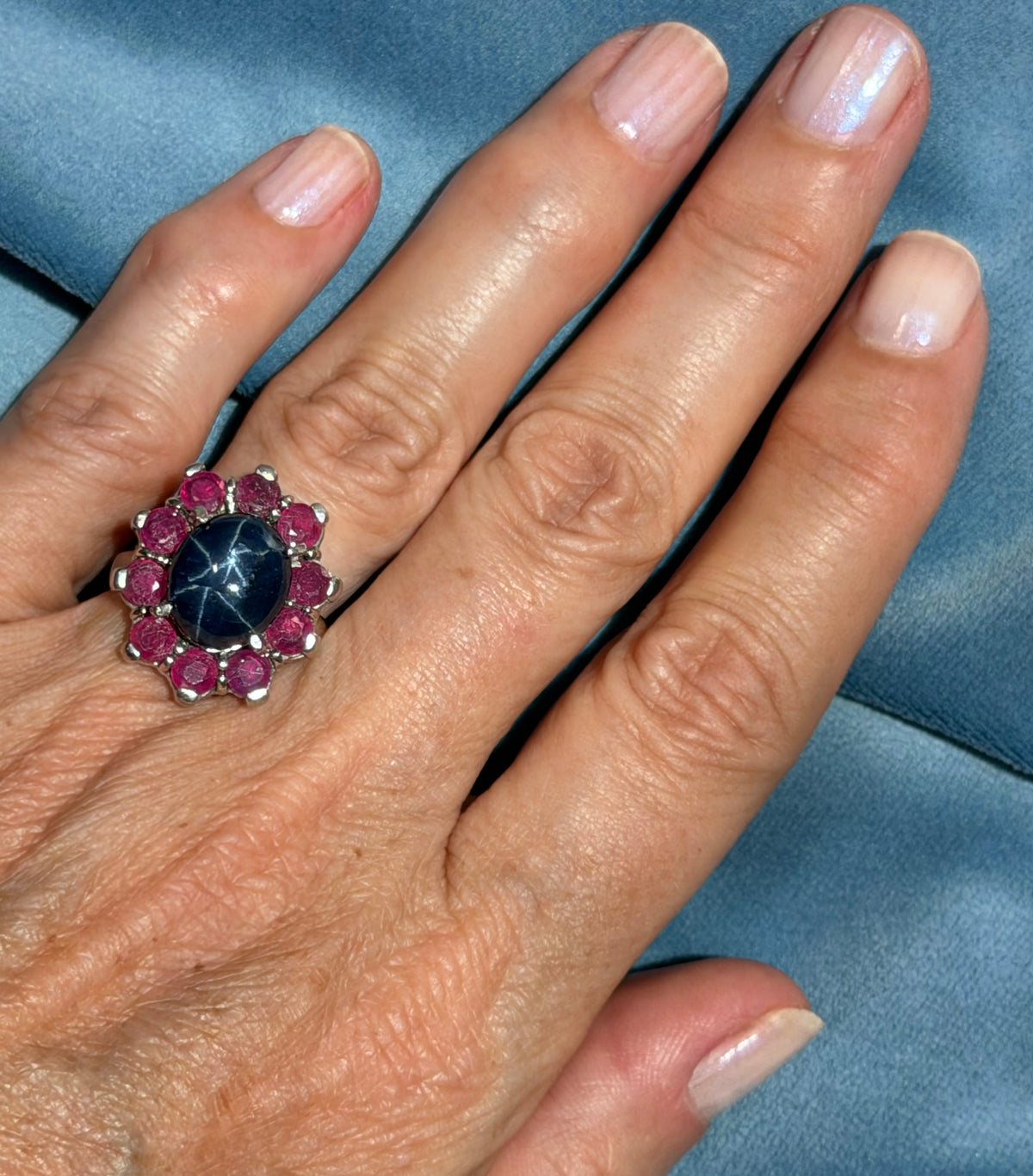 Natural Blue Star Sapphire Ring w Ruby Halo in Sterling Silver *Video*