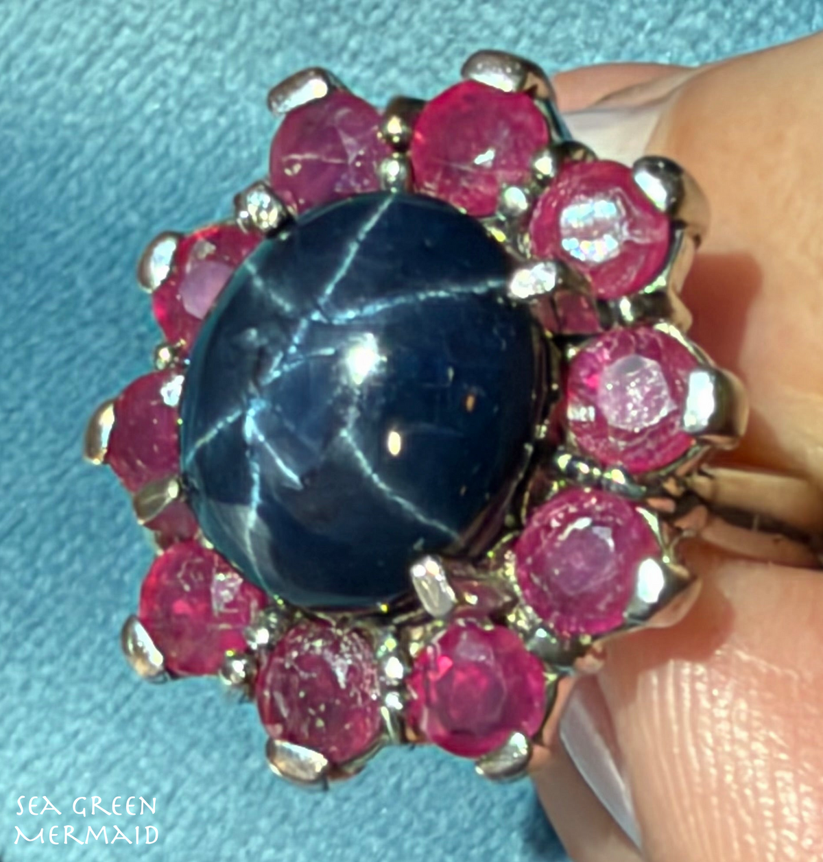 Natural Blue Star Sapphire Ring w Ruby Halo in Sterling Silver *Video*
