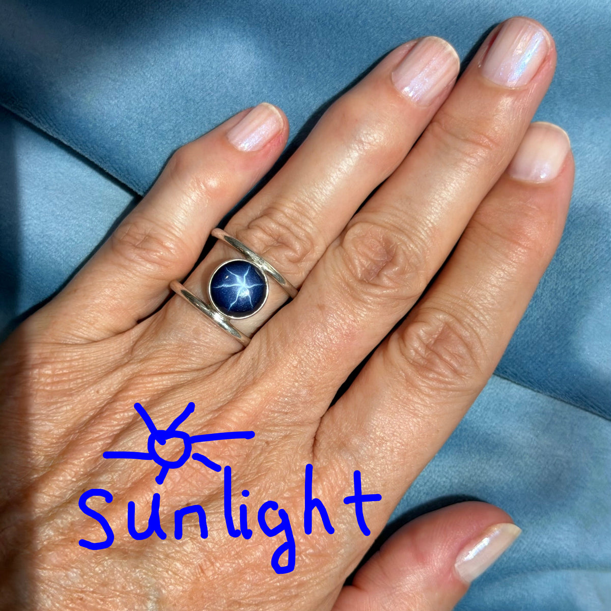 Blue Lindy Star Sapphire Double Ring in 925 Silver. Modern *Video*