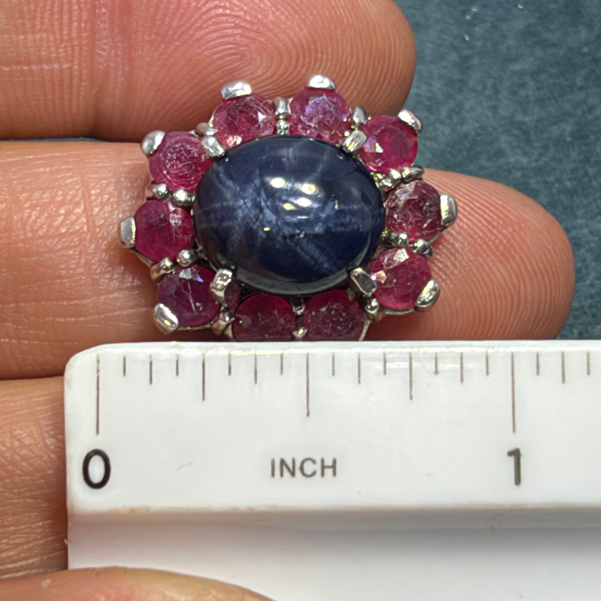 Natural Blue Star Sapphire Ring w Ruby Halo in Sterling Silver *Video*