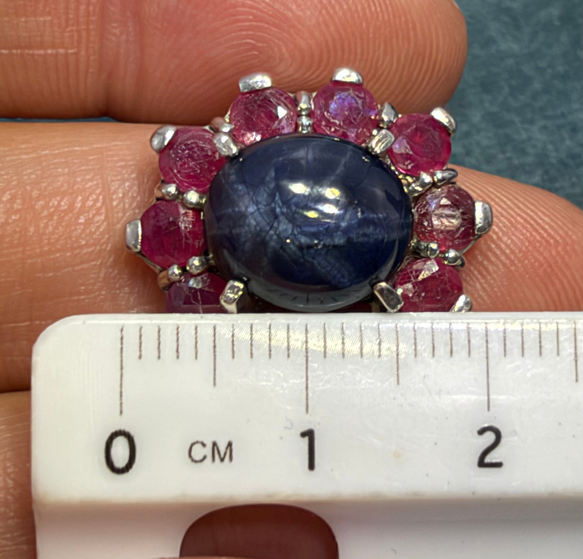 Natural Blue Star Sapphire Ring w Ruby Halo in Sterling Silver *Video*