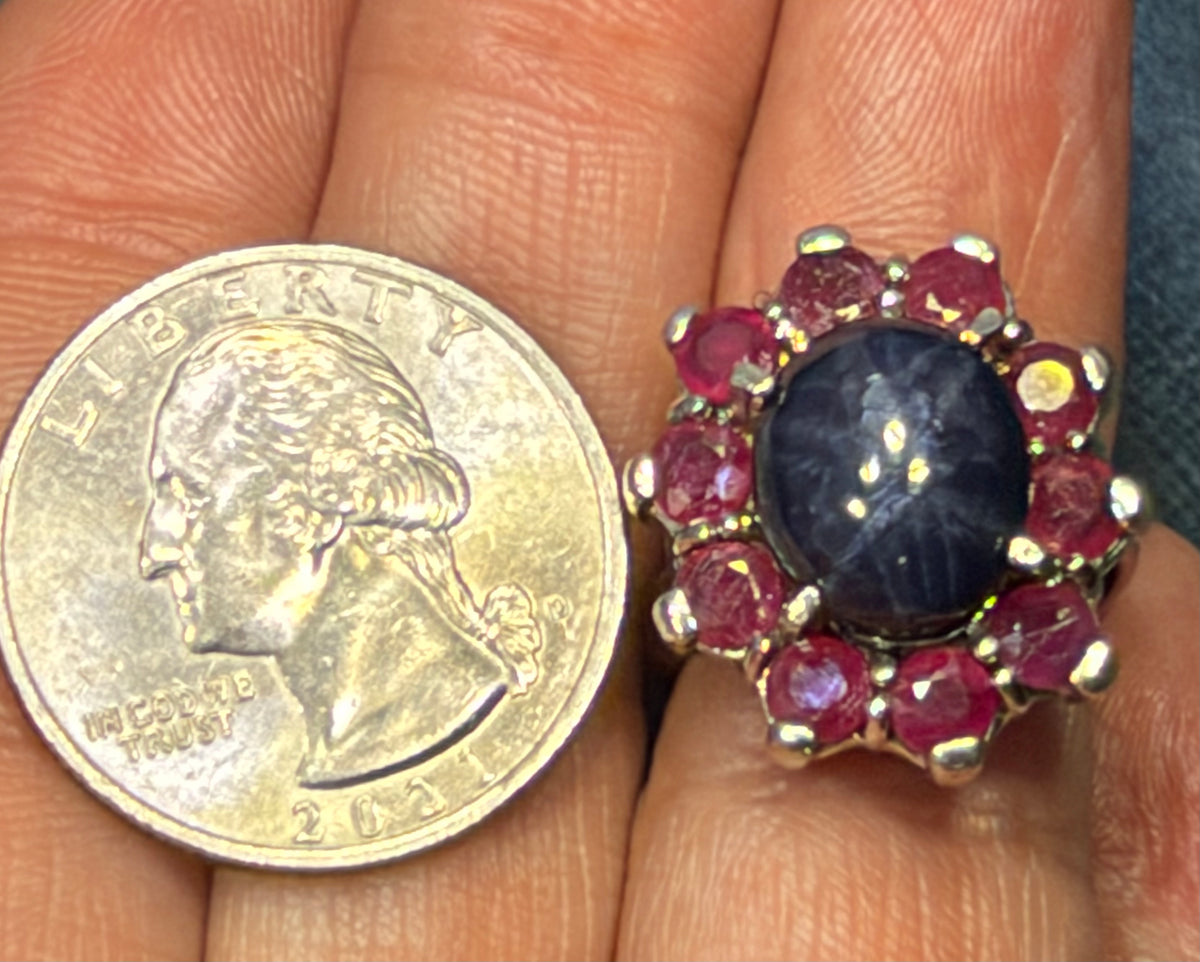 Natural Blue Star Sapphire Ring w Ruby Halo in Sterling Silver *Video*