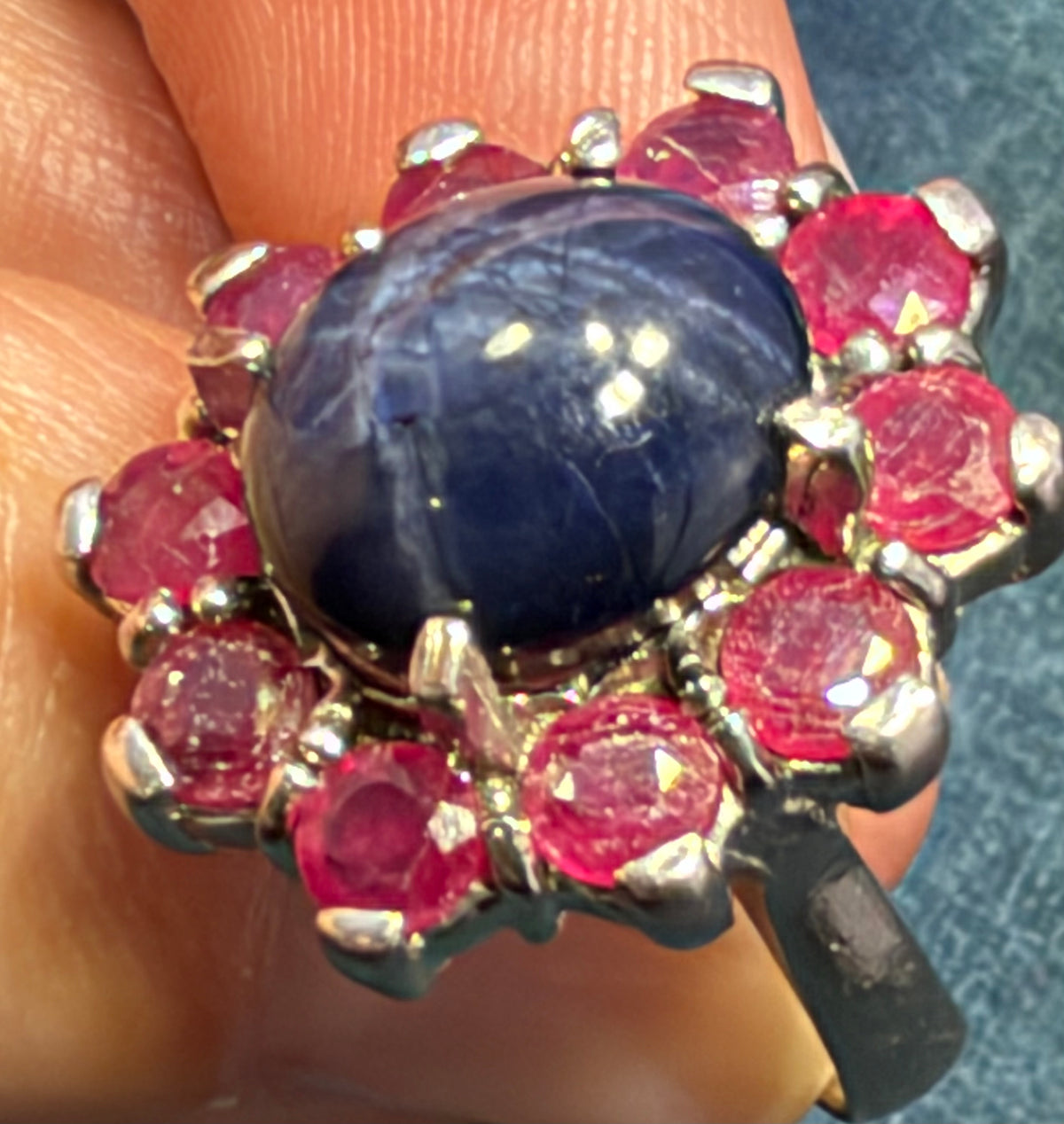 Natural Blue Star Sapphire Ring w Ruby Halo in Sterling Silver *Video*