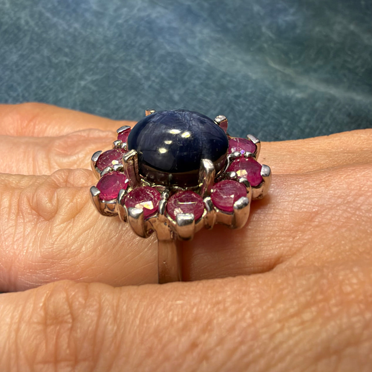 Natural Blue Star Sapphire Ring w Ruby Halo in Sterling Silver *Video*