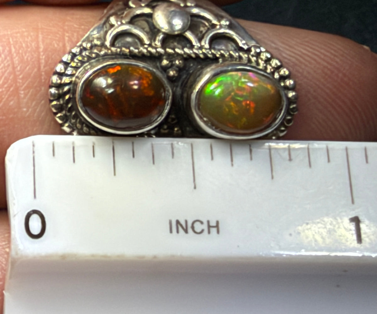 Mexican Boulder Fire Opal Double Stone Wide 925 Silver Ring. Bali Beads