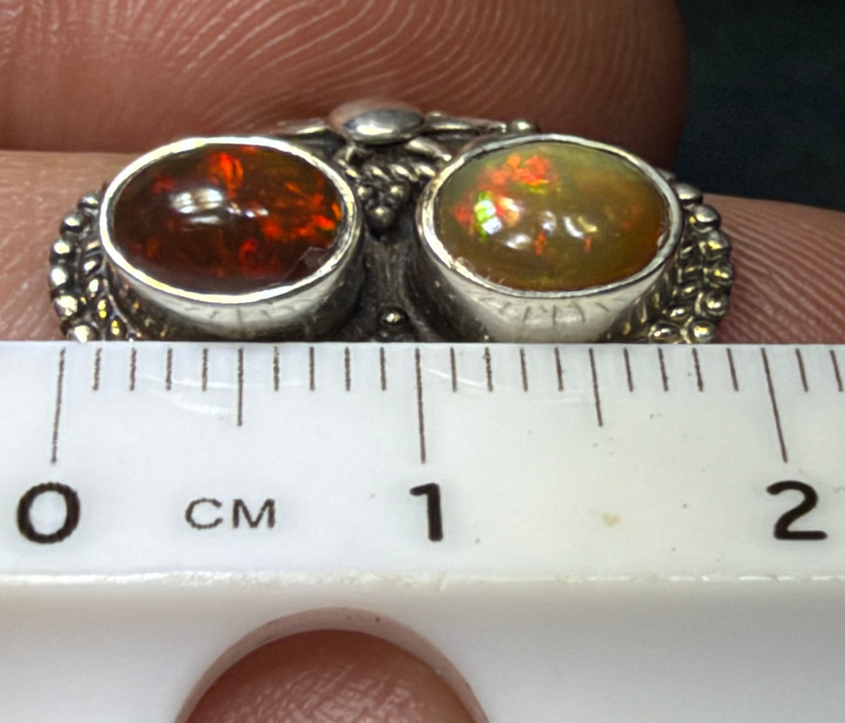 Mexican Boulder Fire Opal Double Stone Wide 925 Silver Ring. Bali Beads