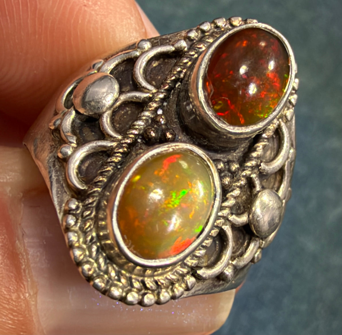 Mexican Boulder Fire Opal Double Stone Wide 925 Silver Ring. Bali Beads