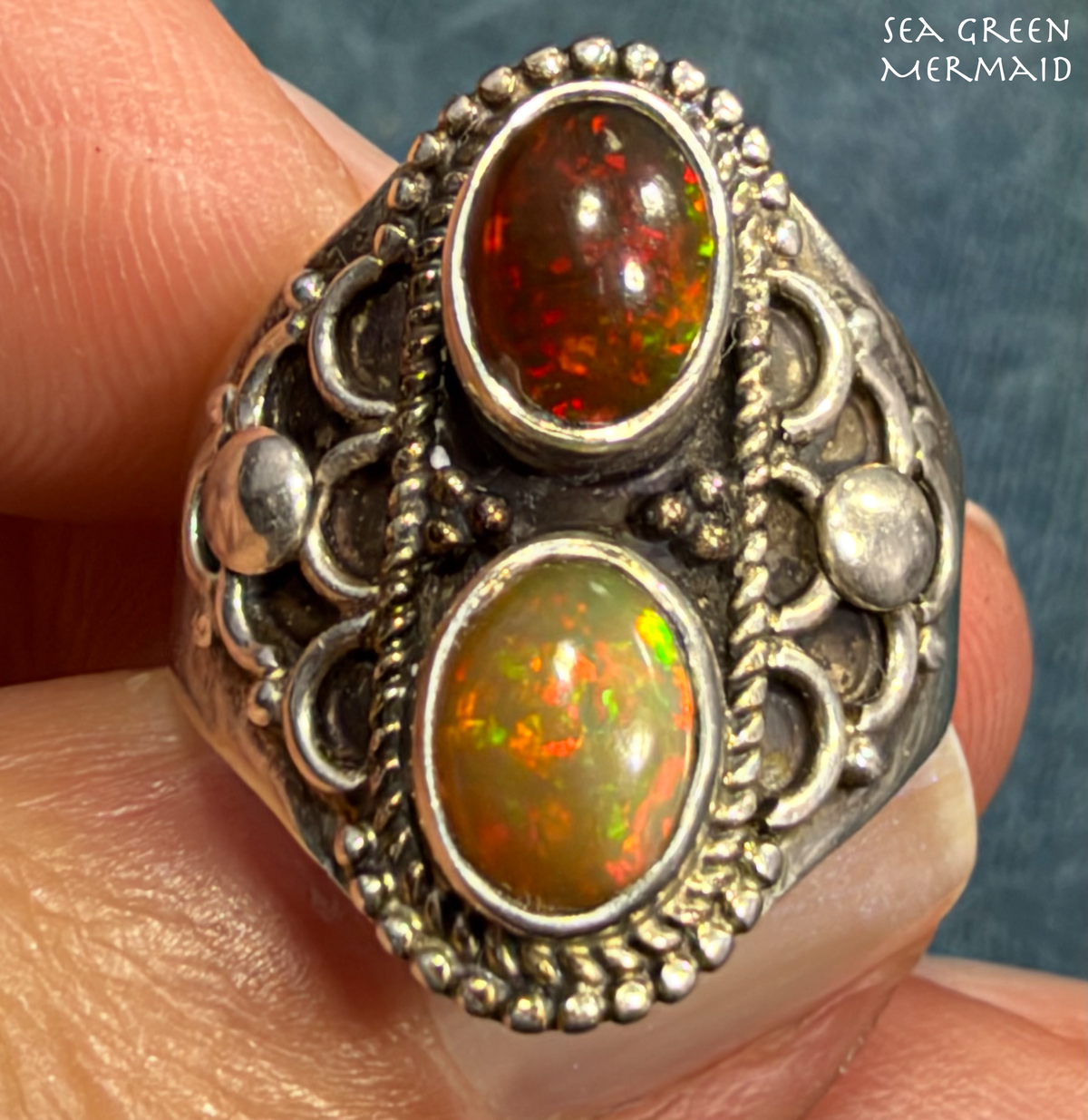 Mexican Boulder Fire Opal Double Stone Wide 925 Silver Ring. Bali Beads