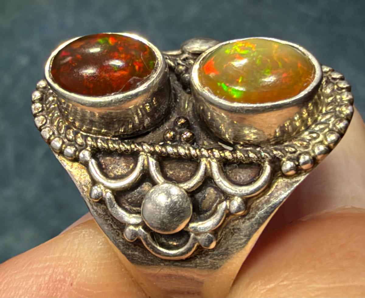 Mexican Boulder Fire Opal Double Stone Wide 925 Silver Ring. Bali Beads