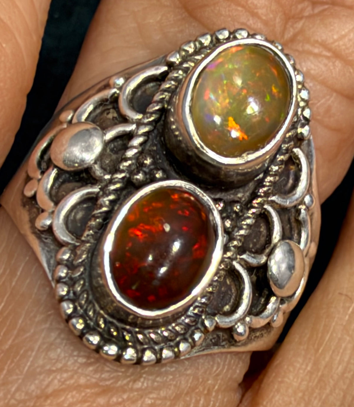 Mexican Boulder Fire Opal Double Stone Wide 925 Silver Ring. Bali Beads
