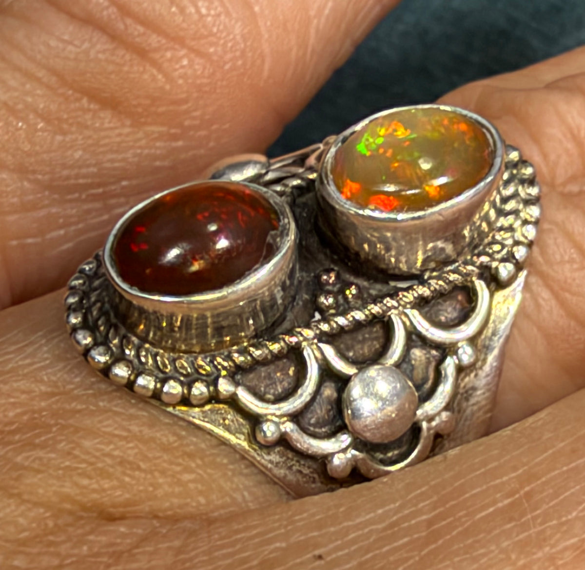 Mexican Boulder Fire Opal Double Stone Wide 925 Silver Ring. Bali Beads